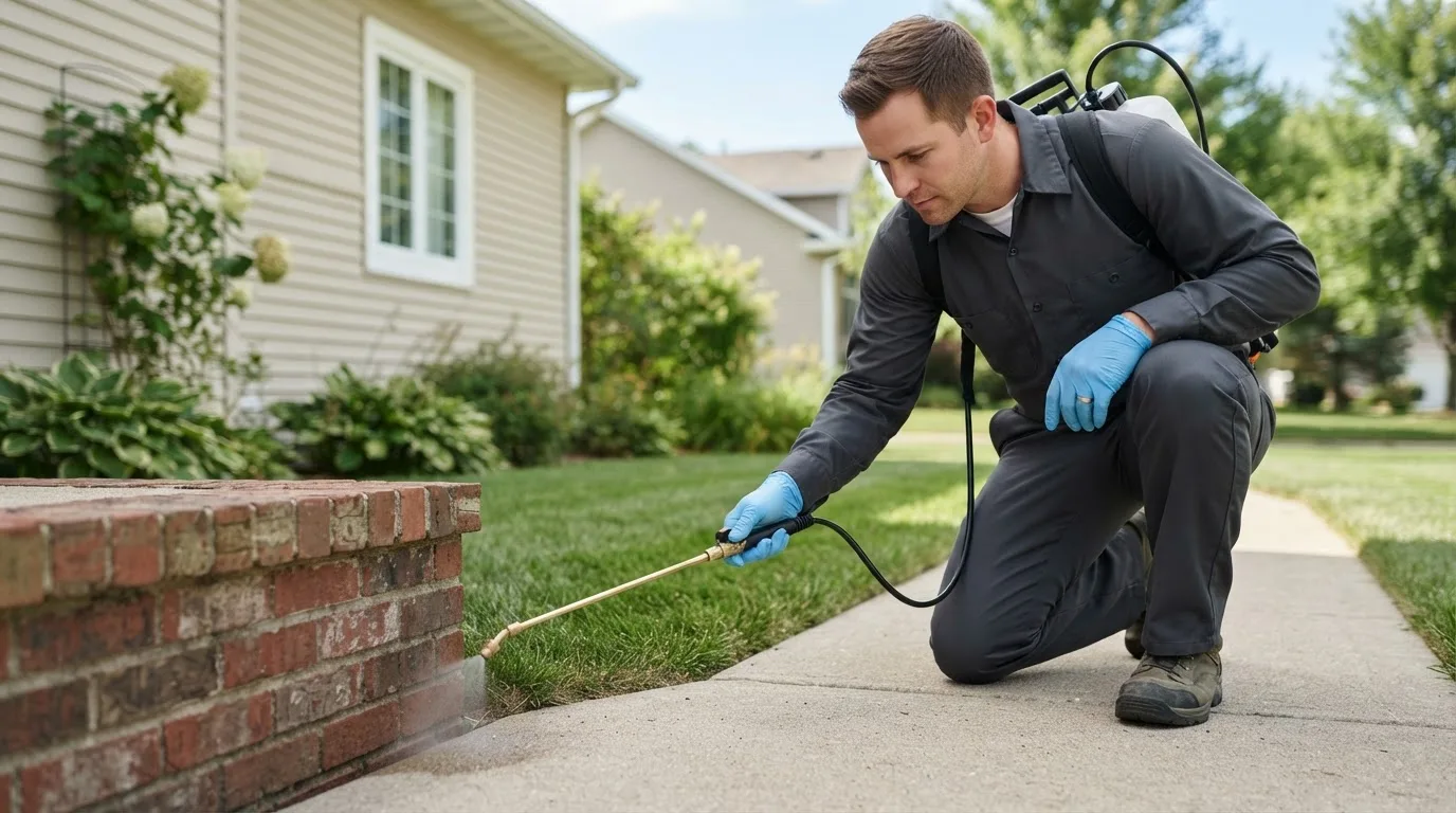 Pest control technician treating a home near Sulphur Springs, OH